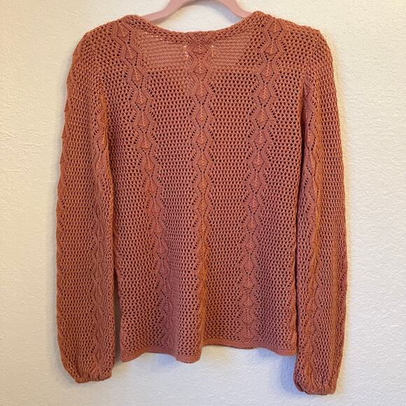 Vintage Beldoch Popper Open Knit Sweater Small Lace Up Salmon Pink Boho Festival - Picture 6 of 10